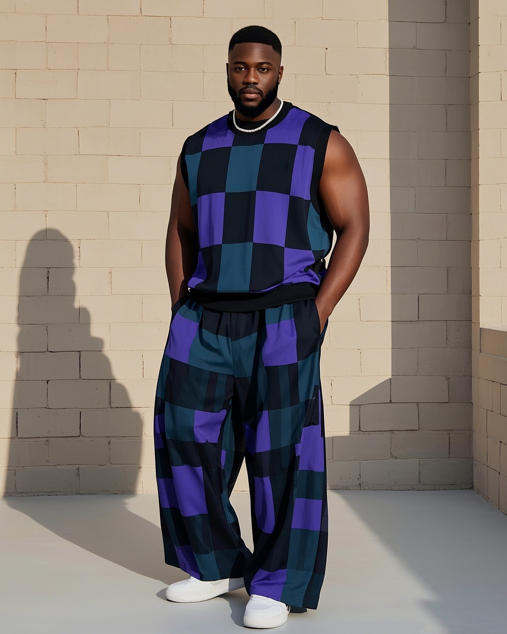 Big Boy Square Colorblock Printed Tank Trousers Suit