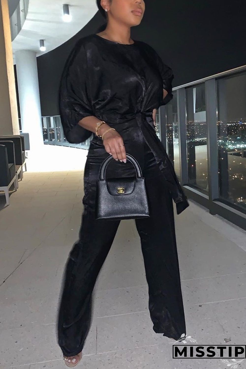 Black Green Sexy Solid Loose Half Sleeve Two Pieces