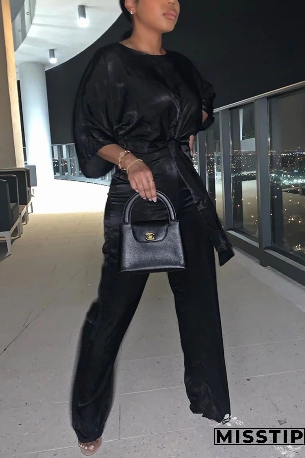 Black Green Sexy Solid Loose Half Sleeve Two Pieces