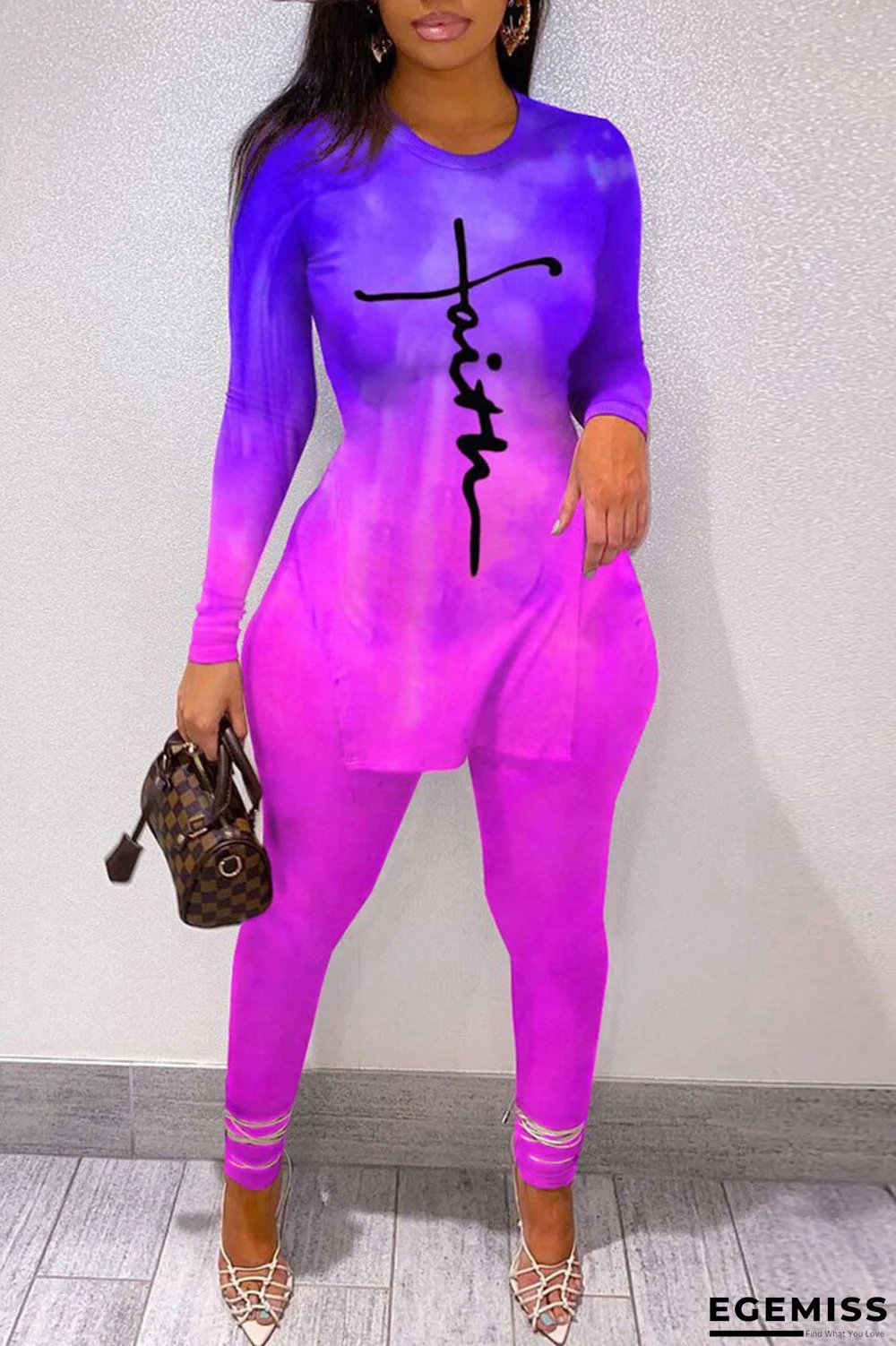 Purple Casual Gradual Change Print Patchwork Slit O Neck Long Sleeve Two Pieces | EGEMISS