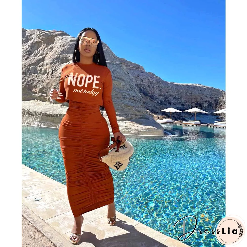 Letter Print Ruched Bodycon Two Piece Dresses Set