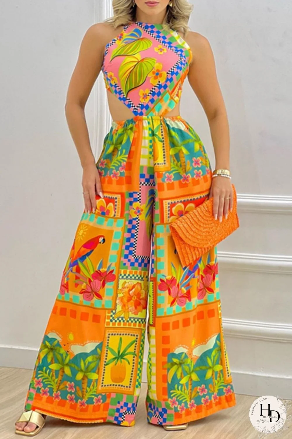 Colour Sexy Casual Not Positioning Printed Bandage Backless O Neck Regular Jumpsuits