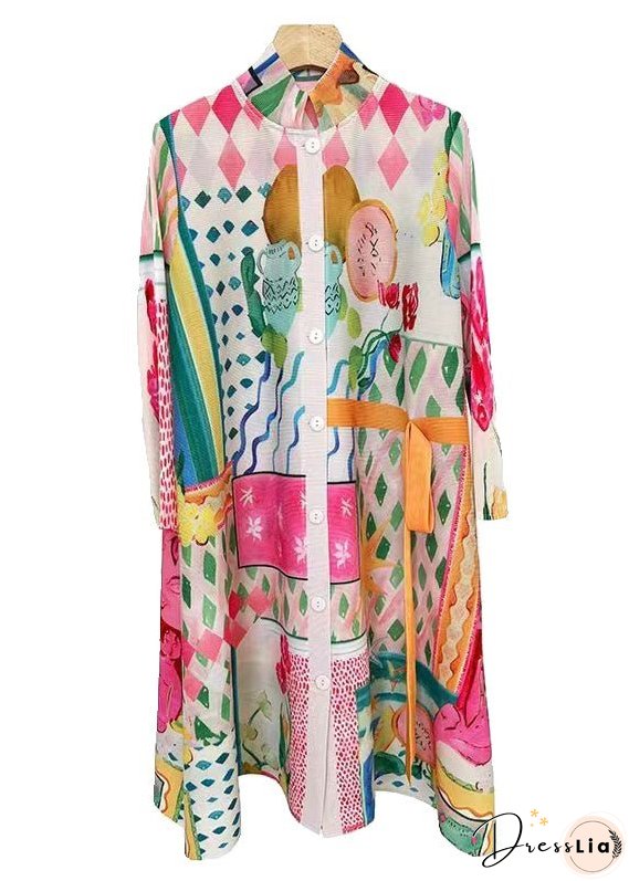 Loose Colorblock Button Print Cotton Shirts Dresses Long Sleeve