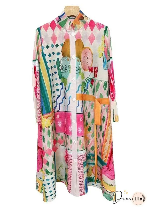 Loose Colorblock Button Print Cotton Shirts Dresses Long Sleeve