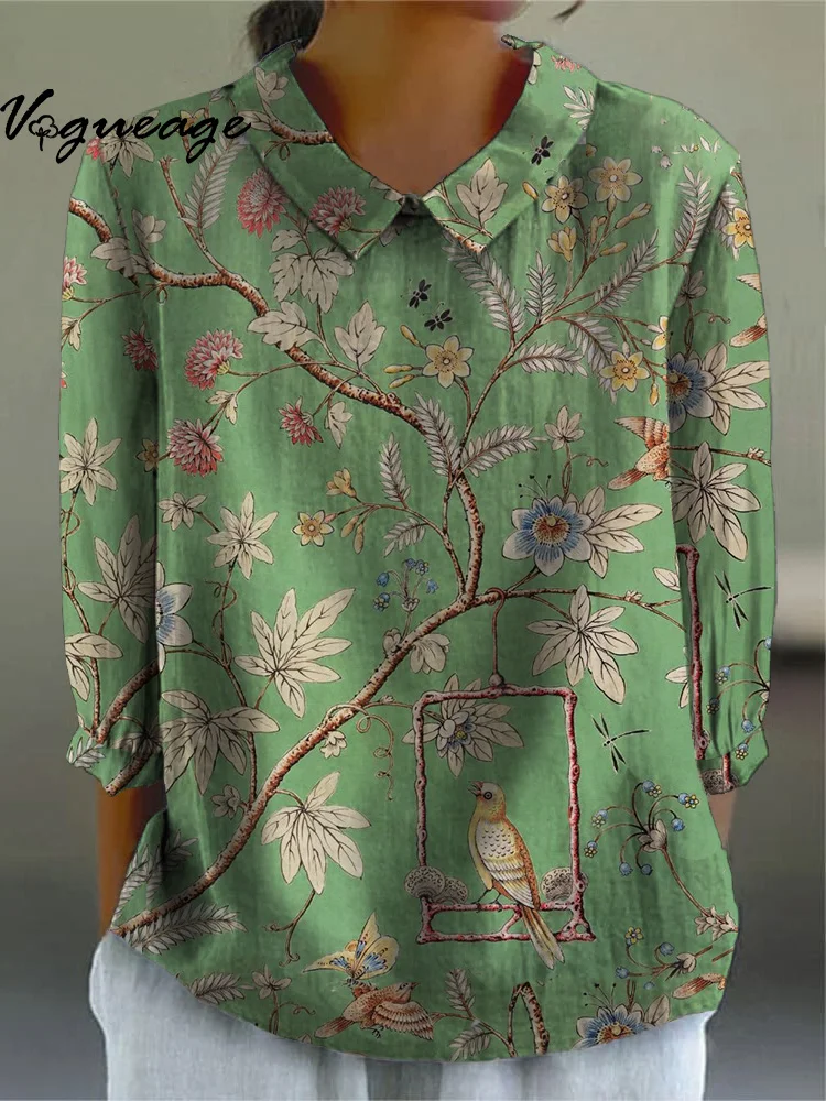 Green Plant Print Vintage Cotton And Linen Women Shirt
