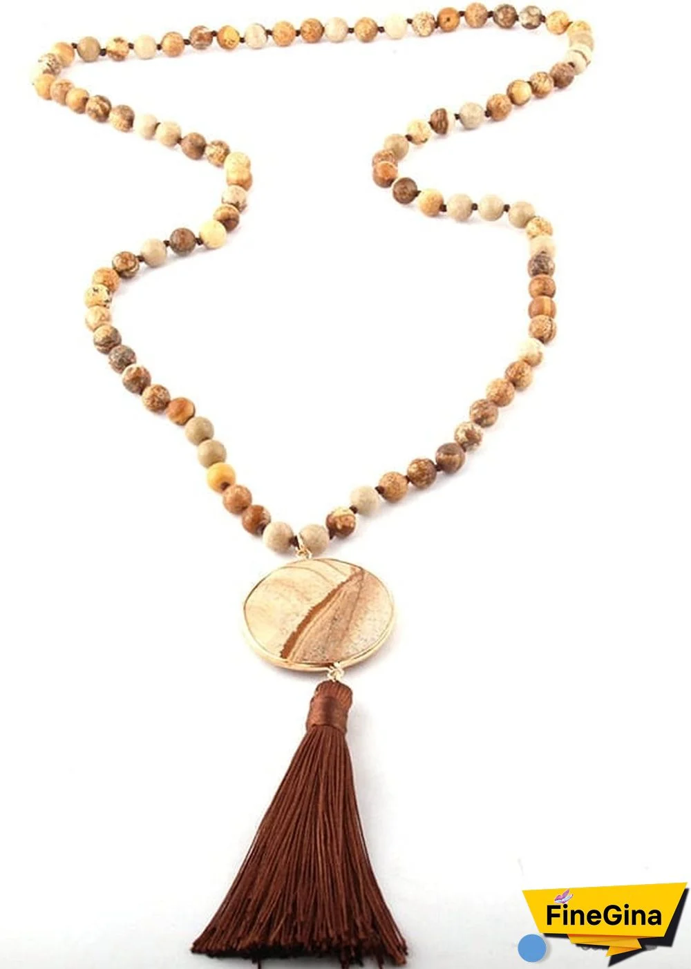 Boho Necklace, RH Amazonite Jasper, Circle Tassel Green White Natural Stone