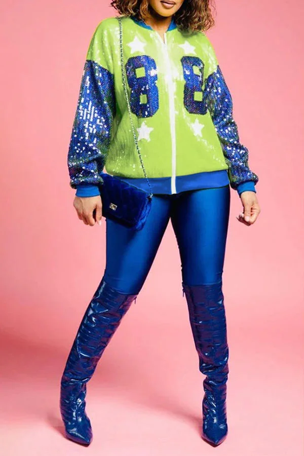 Color Block Patchwork Sporty Sequined Jacket