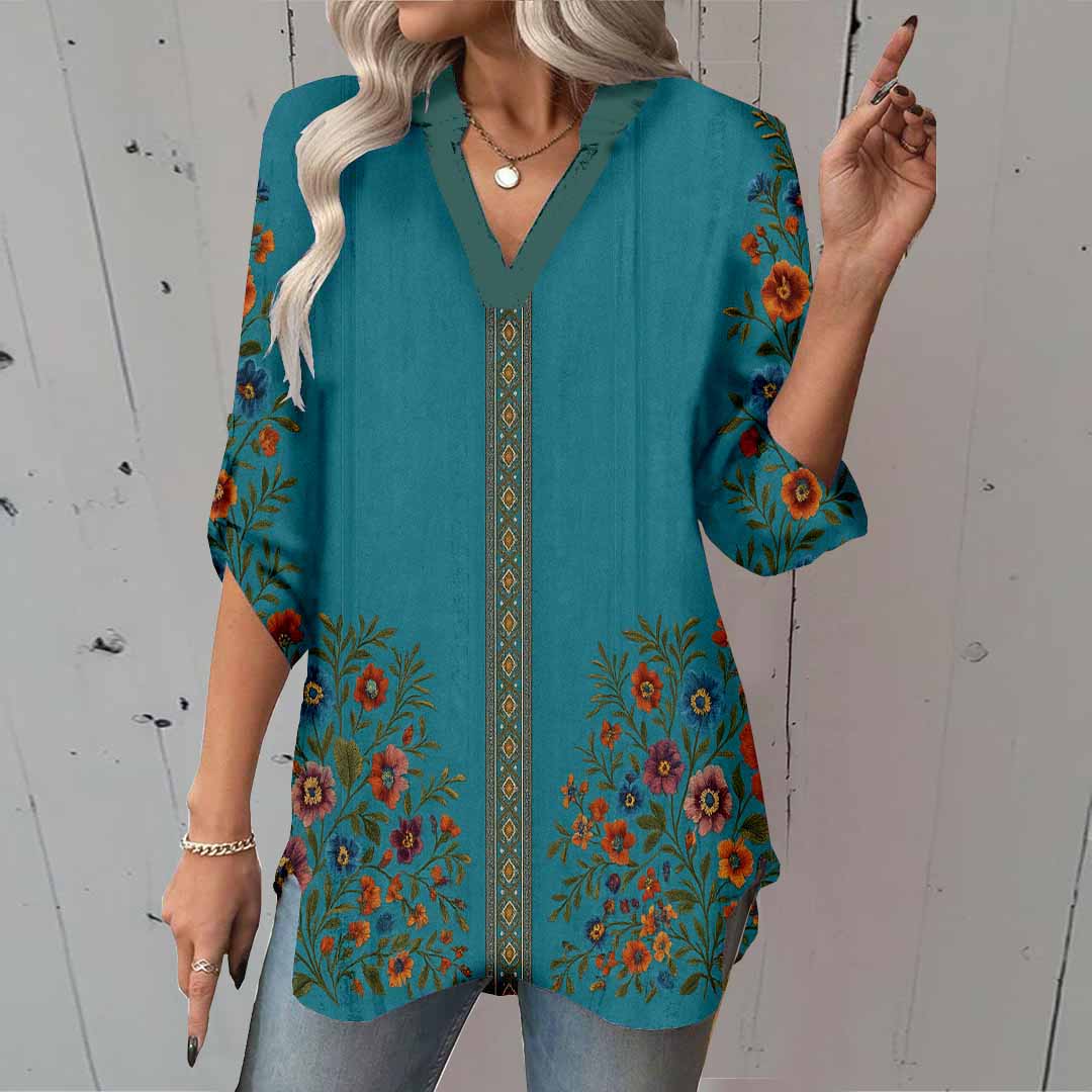 Women Floral,Blue DZGA0318 3/4 Sleeve V-neck Printed Graphic Button Tops