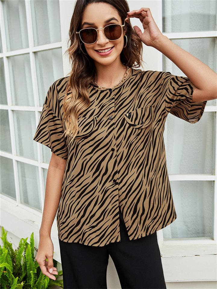 Fashion Loose Street Hipster Women's Hem Open Casual T-shirt Round Neck Short Sleeve Single-breasted Printed Top -vasmok
