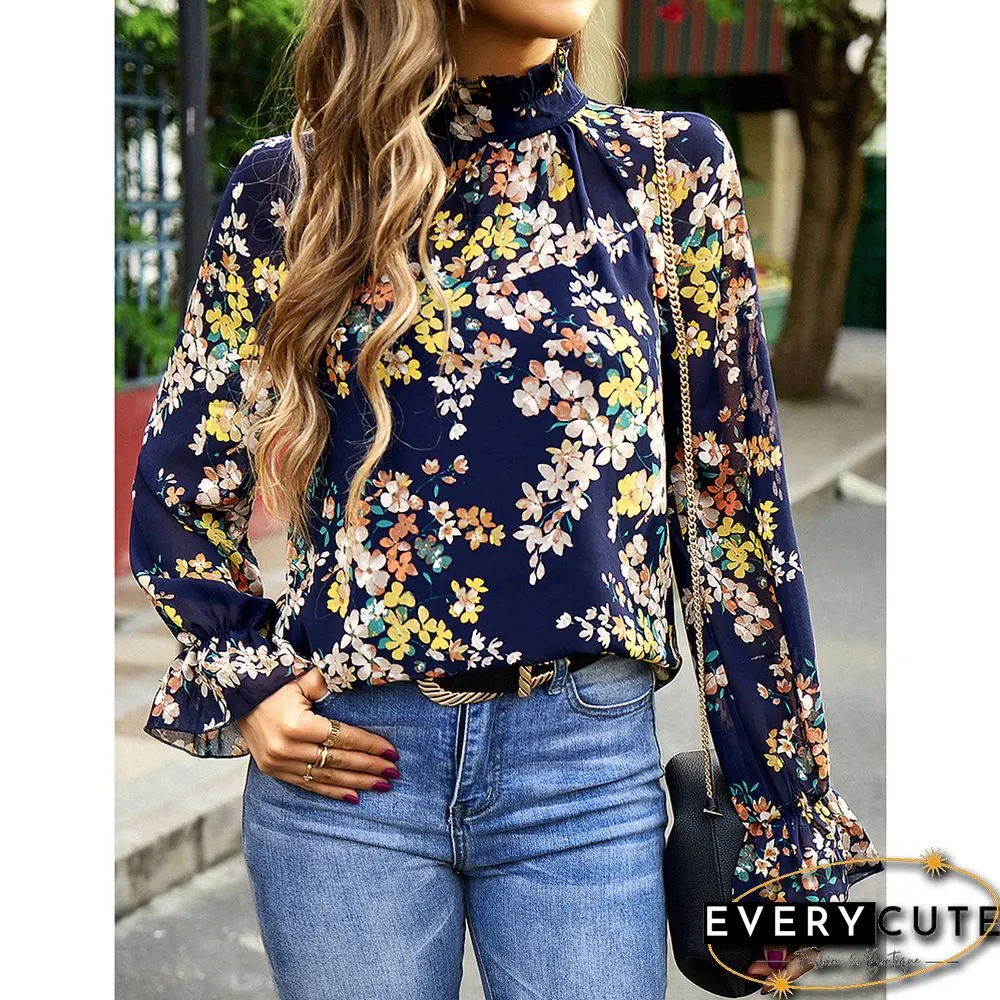 Navy Blue Floral Print Chiffon Long Sleeve Blouse