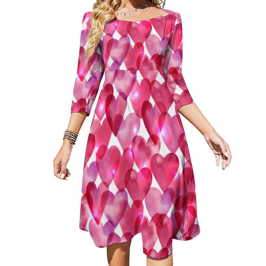Cute Valentines Day Watercolor Red Pink Heart Dress Sweetheart Tie Back Flared 3/4 Sleeve Midi Dresses