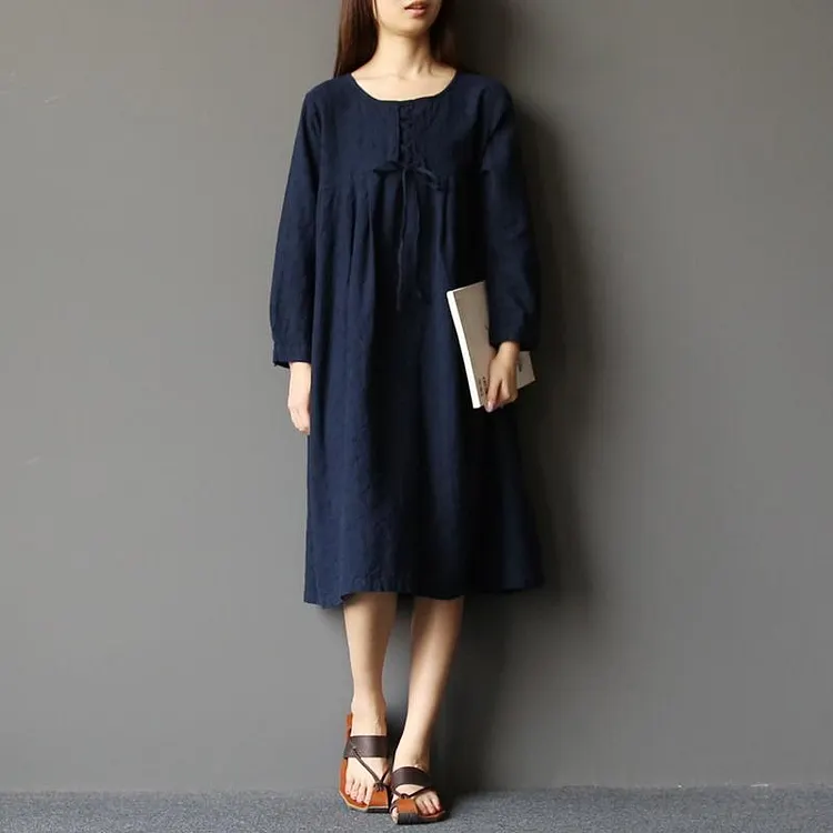 2017 spring Krea element linen dresses plus size dress string detailed indigo blue