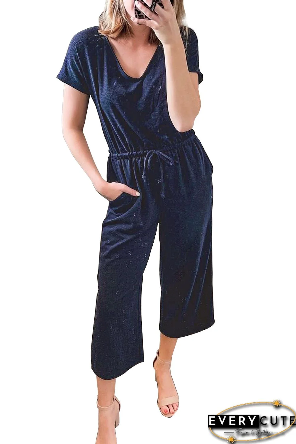 Dark Blue V Neck Short Sleeve Jumpsuit