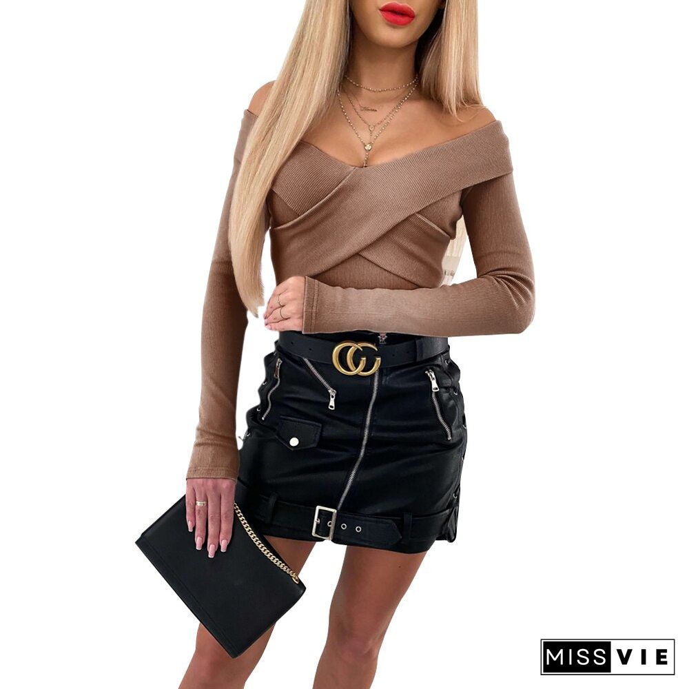 Elegant Women Knit Slash Neck Tops Cute Romantic Long Sleeve Cutaway Pullover Basic Cross