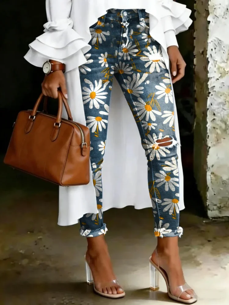Women's Vintage Floral Totem Print Casual High-waisted Ripped Skinny Jeans