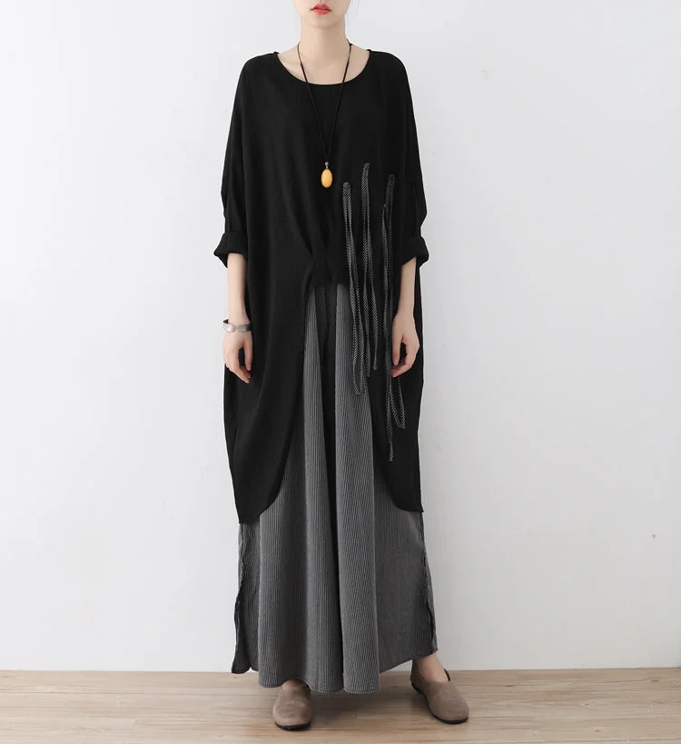 2021 fall black tasseled cotton shirts low high oversized blouses women tops