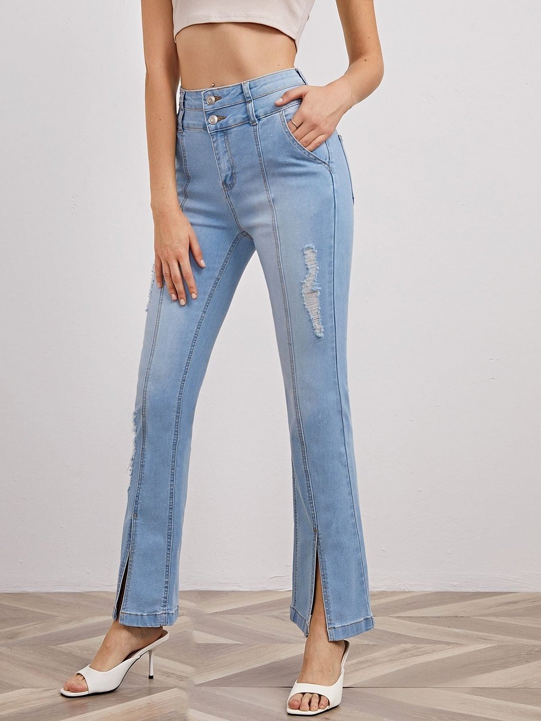 High Waist Ripped Slit Hem Flare Leg Jeans