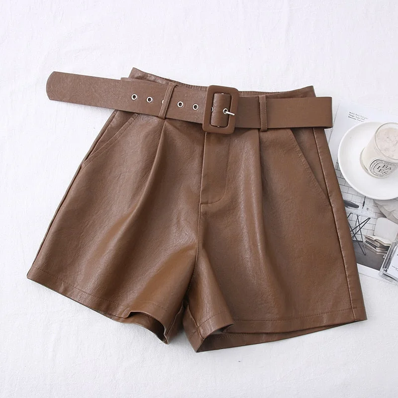 2022 New PU Leather Shorts Women Shorts All-match Sashes Wide Leg Short Ladies Sexy Leather Shorts Autumn Winter