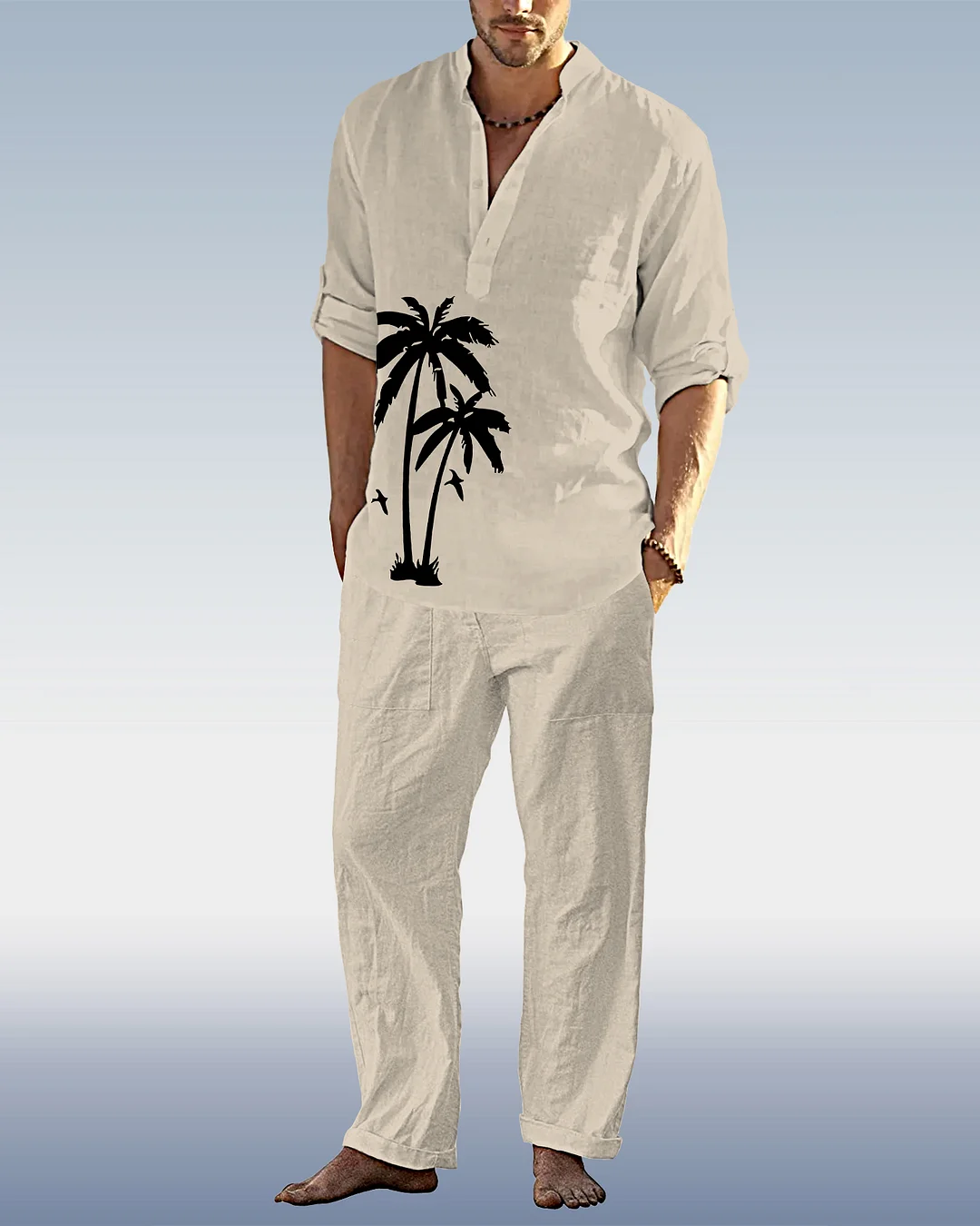 Men's Coconut Tree Casual Print Cotton Linen Trousers Long Sleeve Set 13