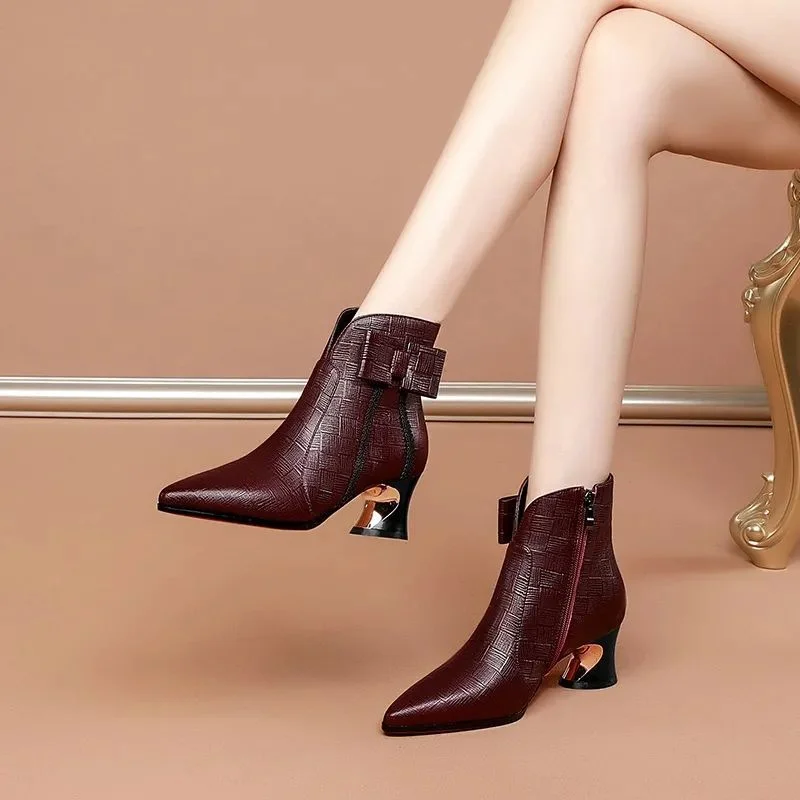 FHANCHU Soft Leather Women Ankle Boots,Bowtie Winter Shoes,Short Botas,Pointed toe,Strange Heel,Brown,Black,Wine-red,Dropship