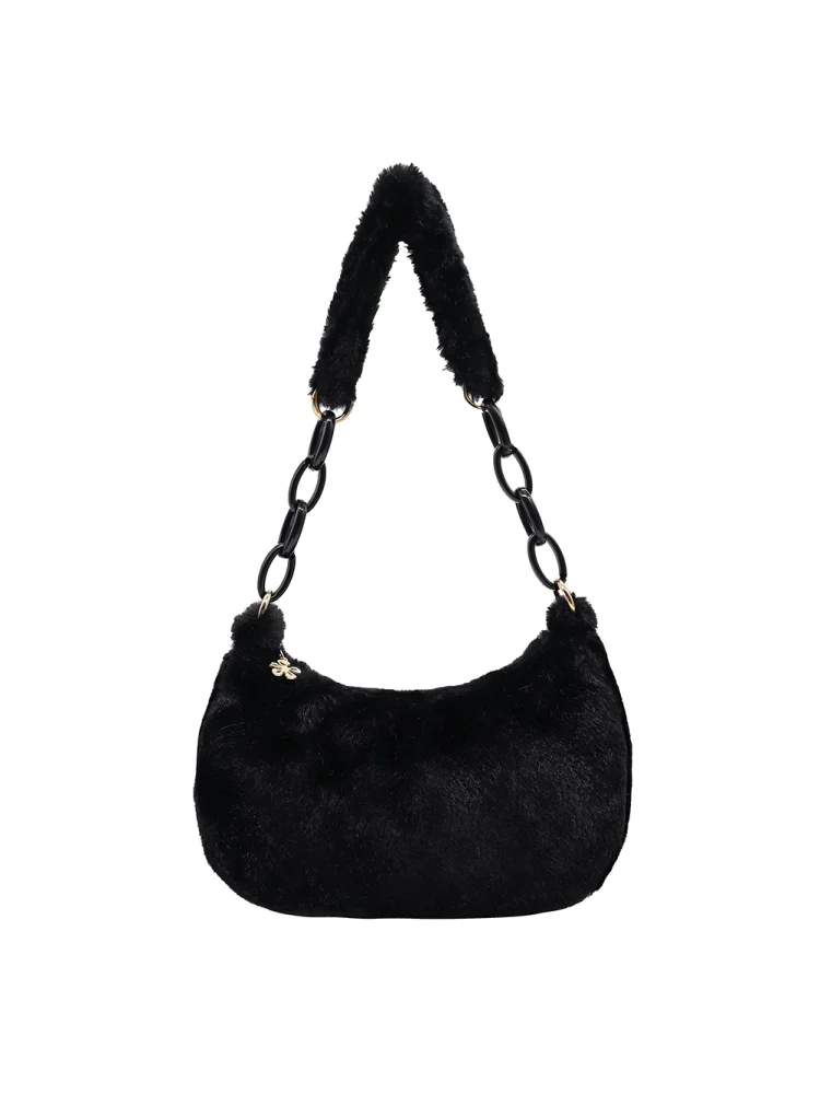 Vintage Women Winter Pure Color Underarm Bag Plush Chain Handbags (Black)
