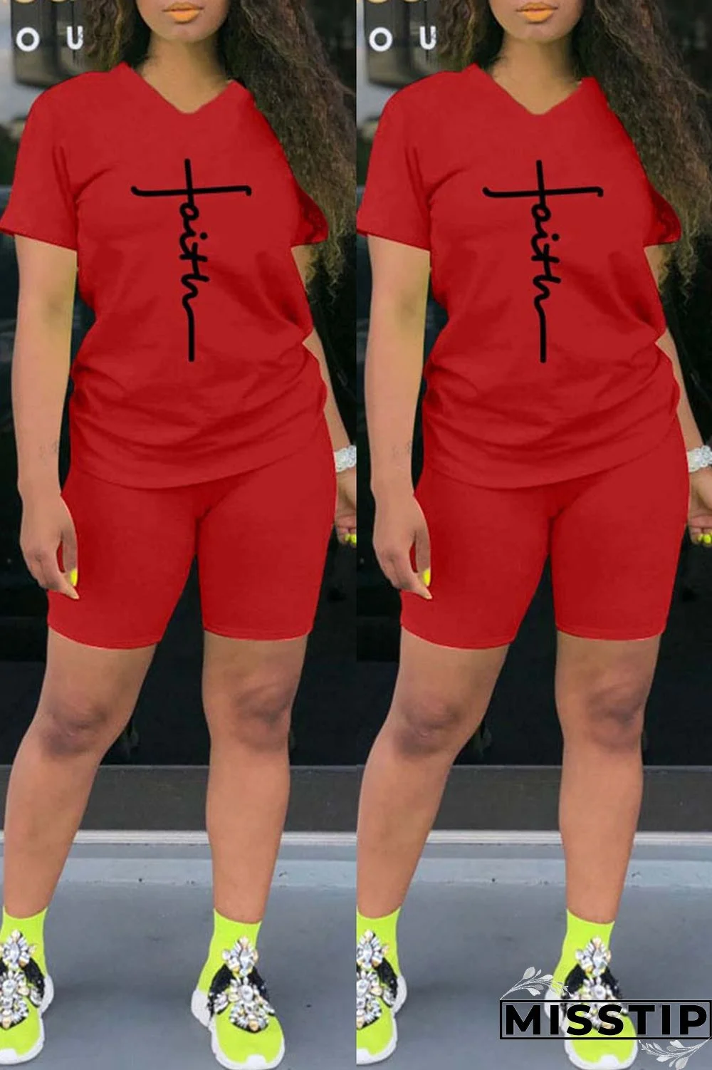 Black Casual Print Basic V Neck Short Sleeve Two Pieces