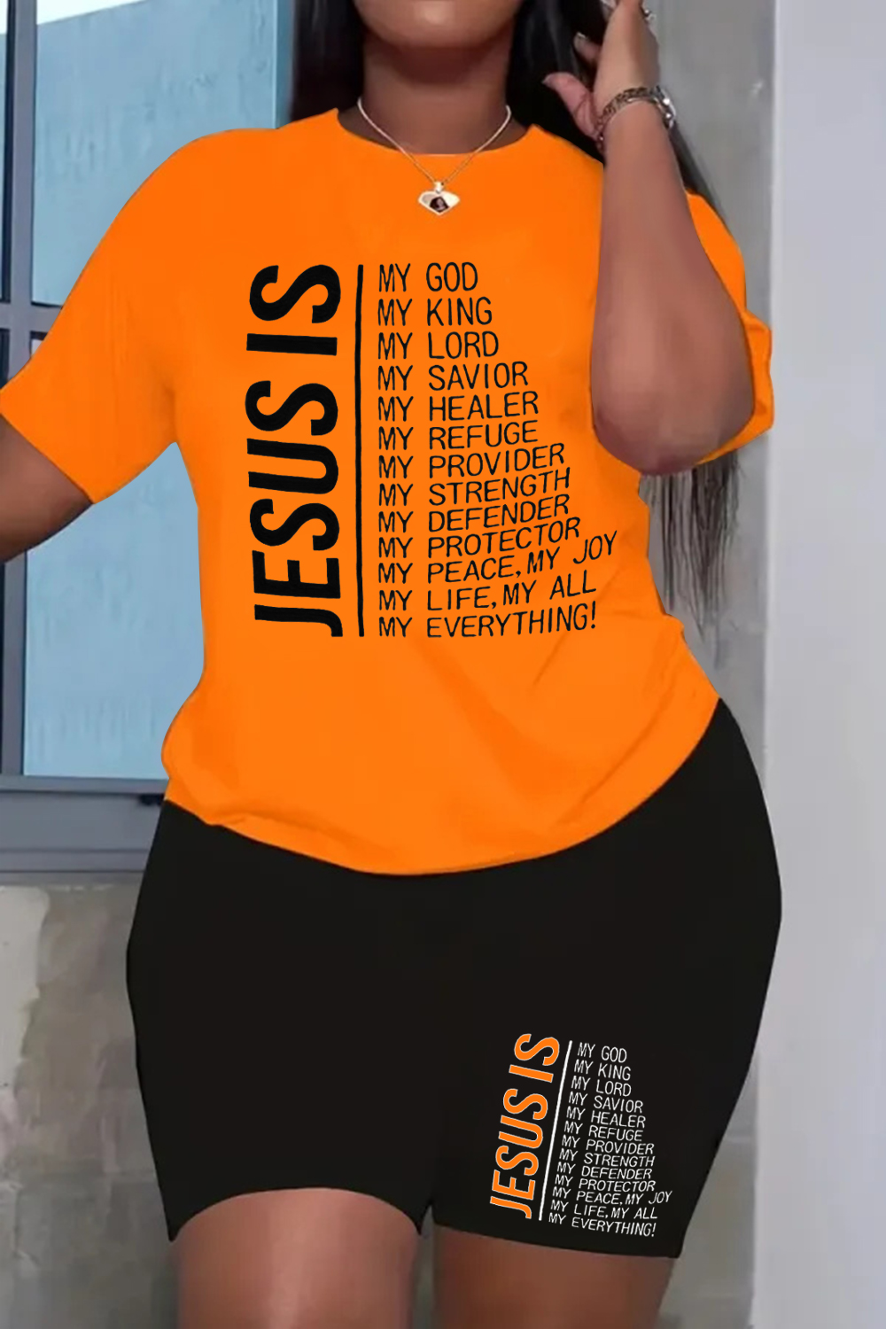 Plus Size Casual Orange Letter Print Round Neck T-Shirts Two Pieces Short Set [Pre-Order]