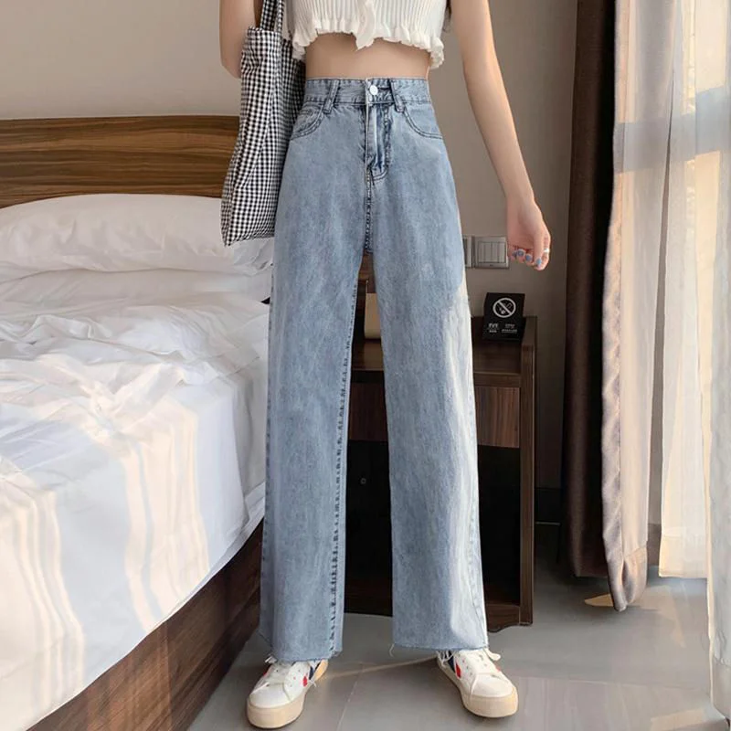 Jeans Women High Waist Holes Ripped Harajuku Streetwear Kpop Chic Vintage Loose Fur-line Students Wide Leg Ulzzang Fashion Retro
