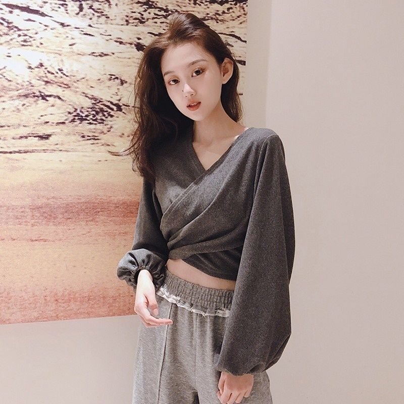Crop Top Female Puff Sleeve Top Blouse Women V Neck Cross Sexy Off Shoulder Tee Shirt Autumn Spring 2021 Fashion New Basic Shirt