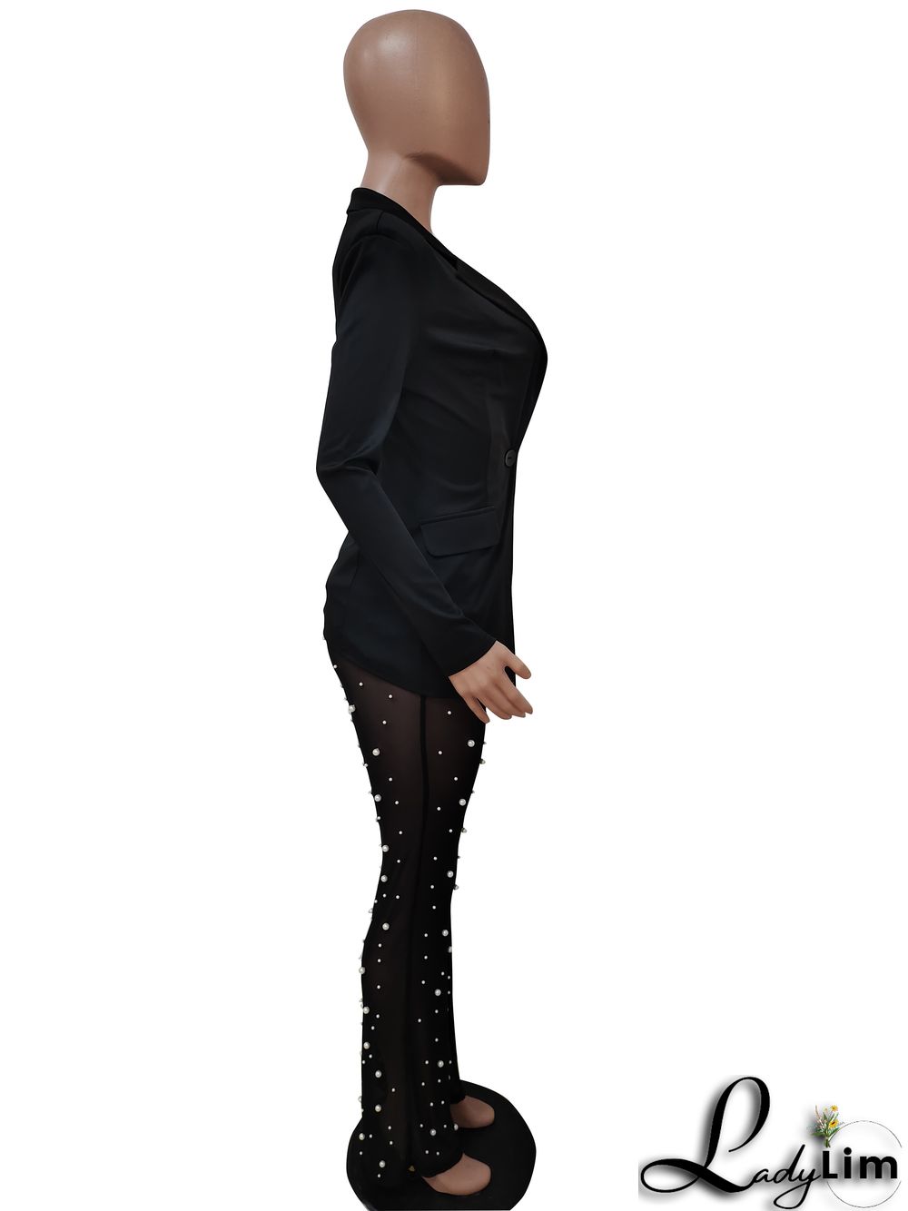 Autumn And Winter Women's Long Sleeve Blazer Beads Mesh Straight Pants Two Piece Suits