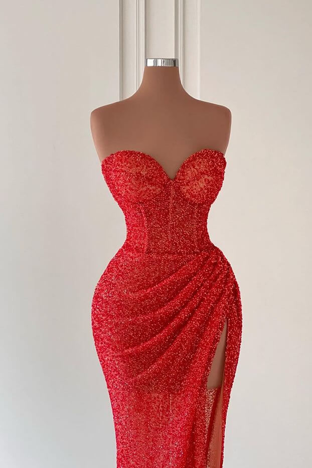 Daisda Red Sweetheart Sleeveless Long Mermaid Sequins Prom Dress With Split