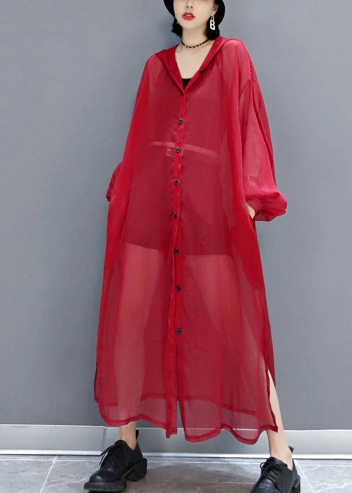 4.15French Red Hooded Hollow Out Chiffon Long Cardigans Summer