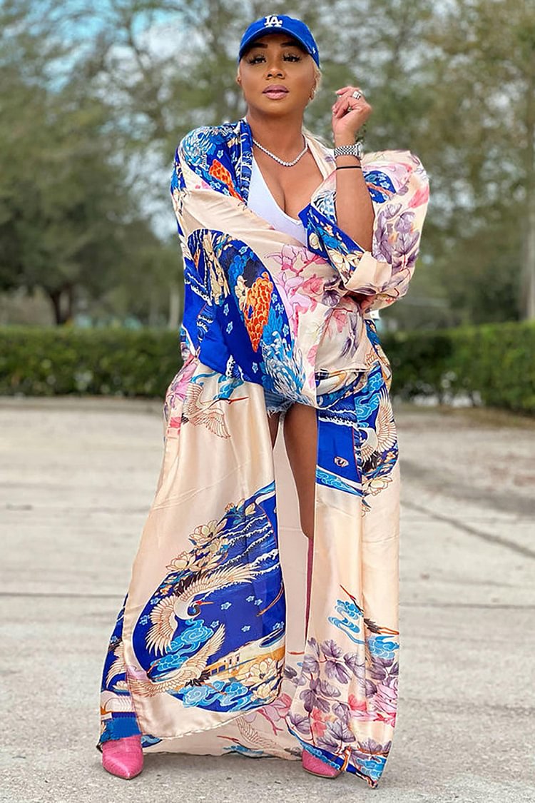 Front Opened Print Casual Wide Sleeve Maxi Coat
