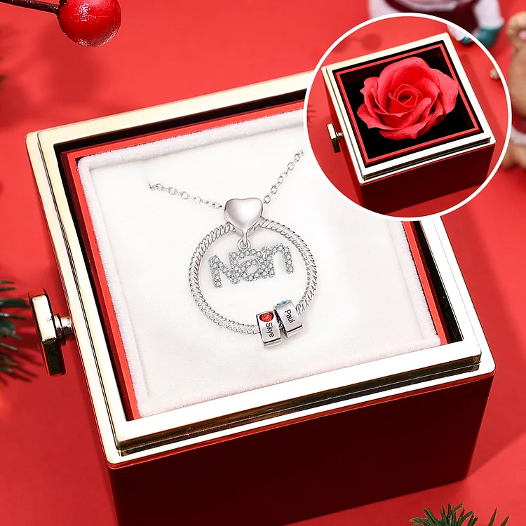2 Names-Personalized Nan Circle Necklace Set With Premium Rotating Rose Flower Gift Box-Custom Woman Necklace With 2 Birthstones Engraved Names Gift For Nan/Nana/Nanny/Granny