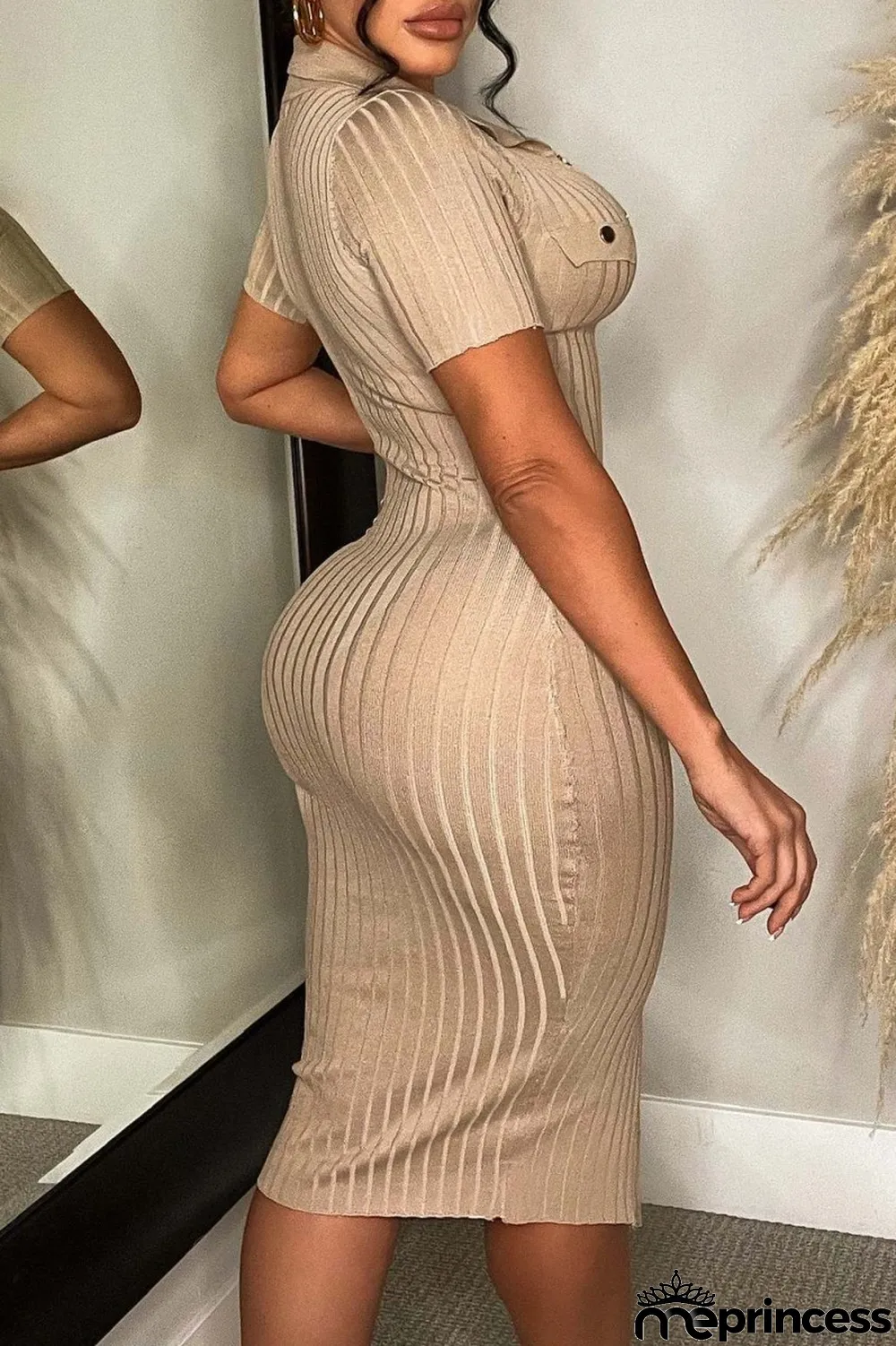 Khaki Casual Solid Patchwork Turndown Collar Short Sleeve Dress