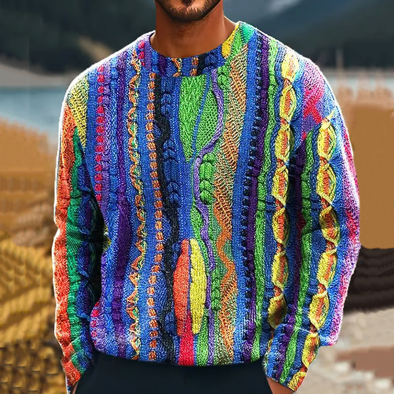 Comstylish Men'S Retro Abstract Gradient Art Print Crew Neck Knit Sweater