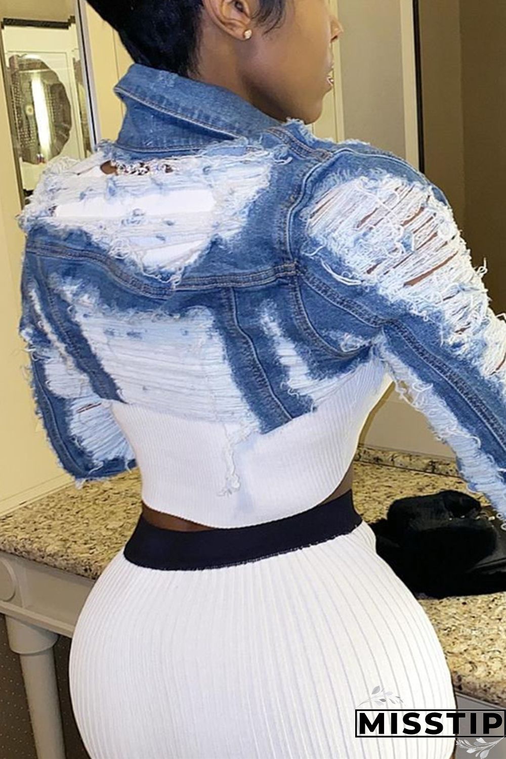 Dark Blue Broken Holes Buttoms Design Denim