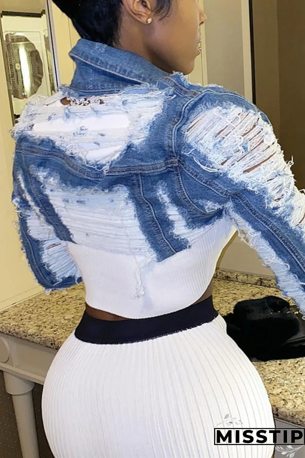 Dark Blue Broken Holes Buttoms Design Denim