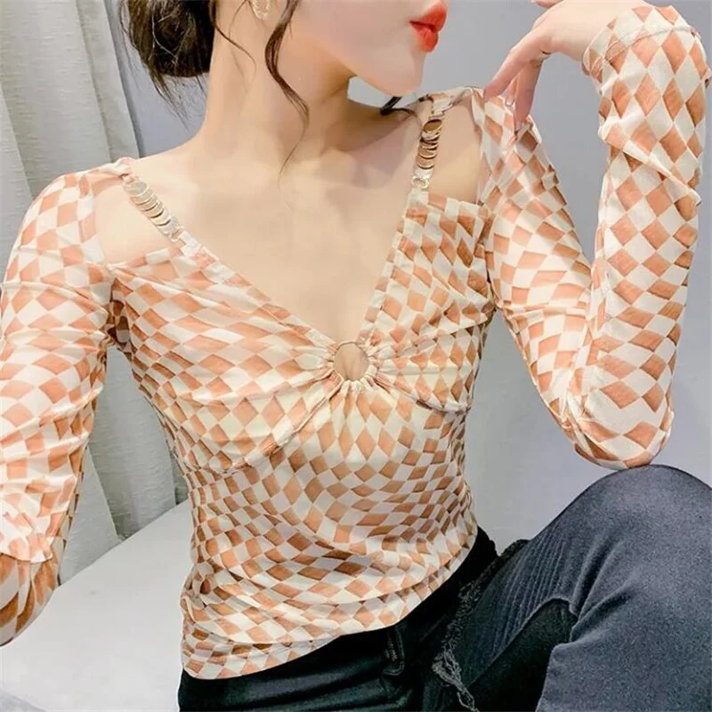 Fashion Mesh Top  T-shirt Women Long Sleeve Tees V-neck Sequin Suspenders Thin Bottoming Checkered Printing Female T-shirt