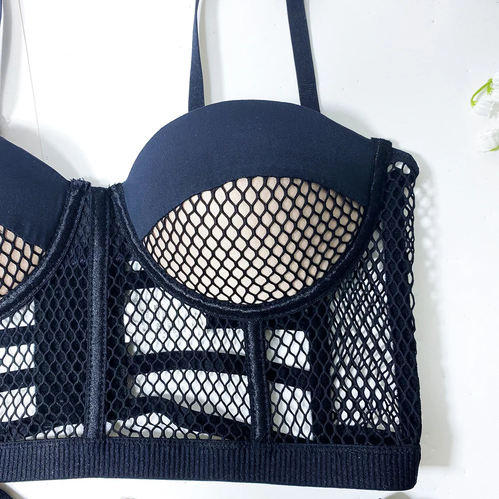 Billionm 3-piece Lace Lingerie Women See Through Fishnet Underwire Bra Panty with Garter Mesh Sheer Underwear Sexy Intimate Black Lingere