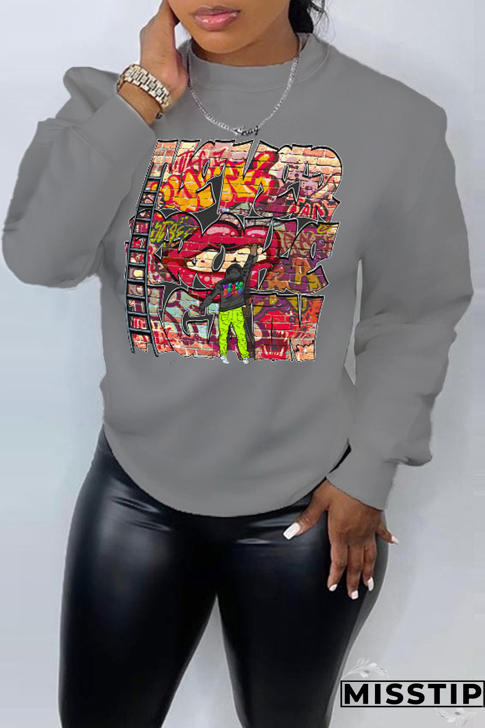 Blue Street Vintage Print Patchwork Letter O Neck Tops