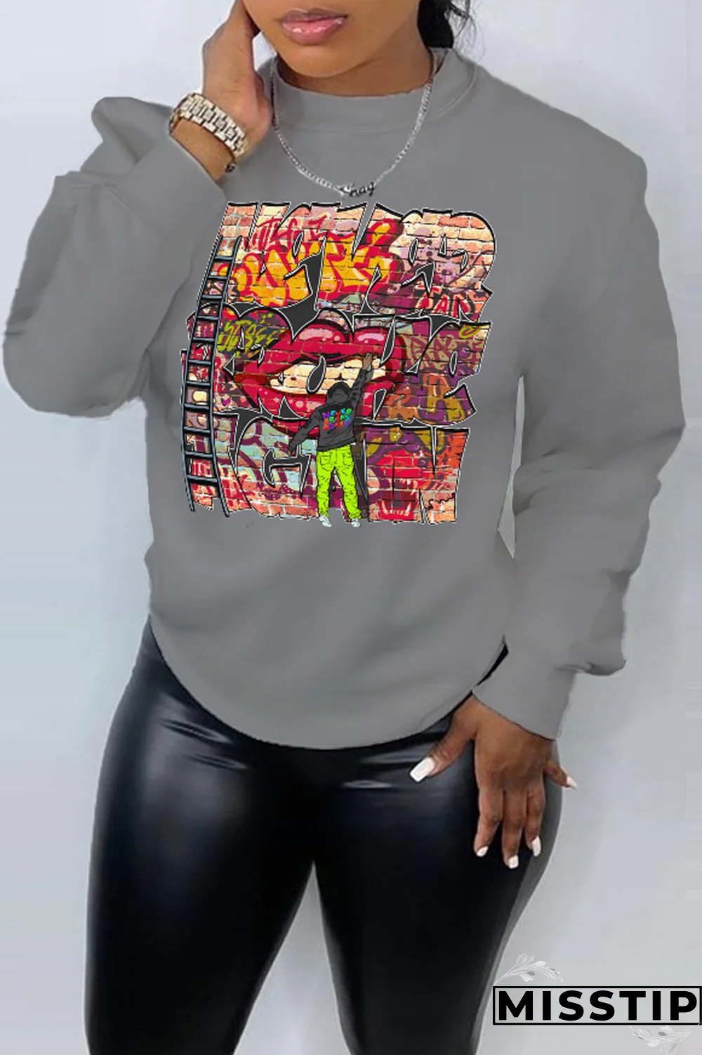 Blue Street Vintage Print Patchwork Letter O Neck Tops