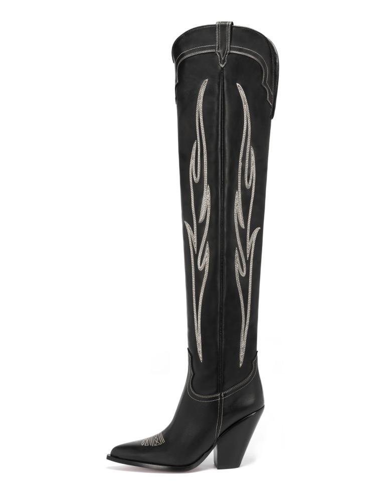 Embroidered Chunky Heel Chelsea Western Over-The-Knee Boots Pumps