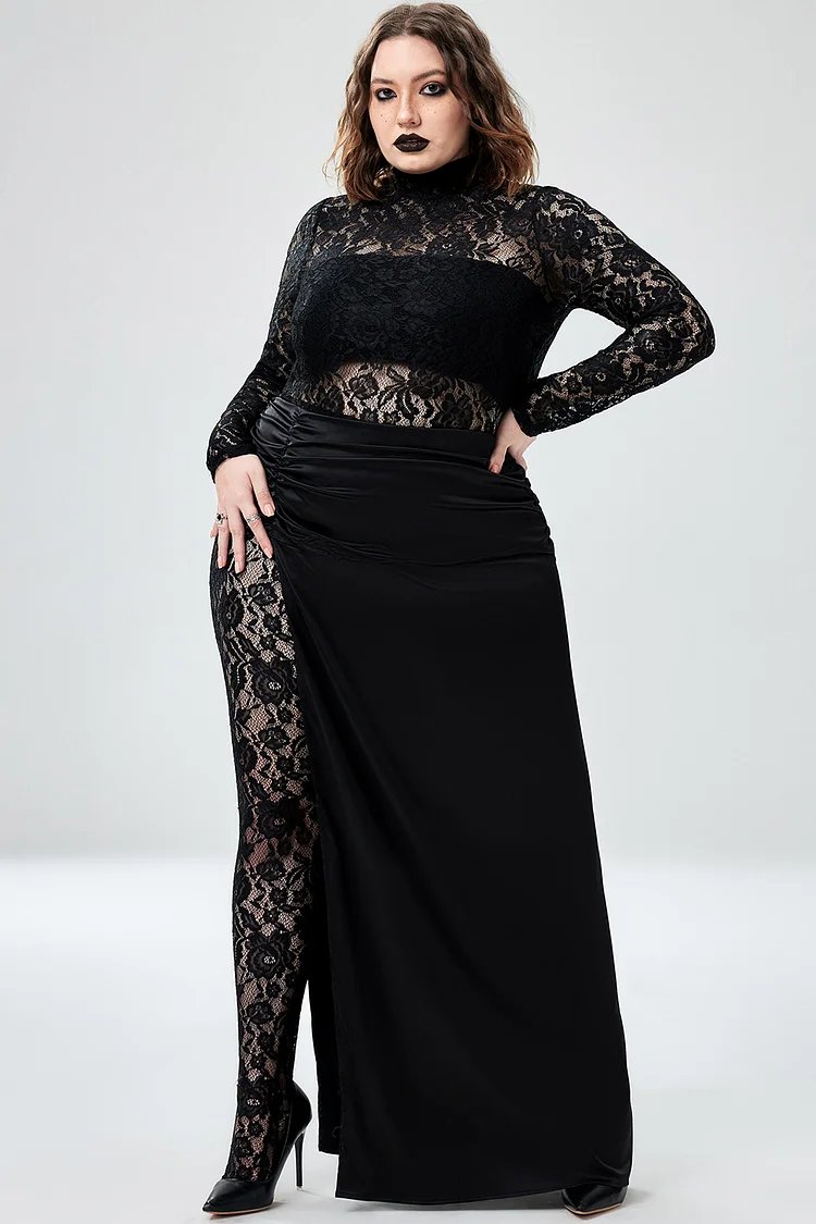 Xpluswear Design Plus Size Halloween Costume Black Gothic See-Through High Split Lace Jumpsuit