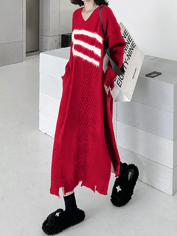 Long Sleeves Loose Contrast Color Jacquard V-Neck Sweater Dresses