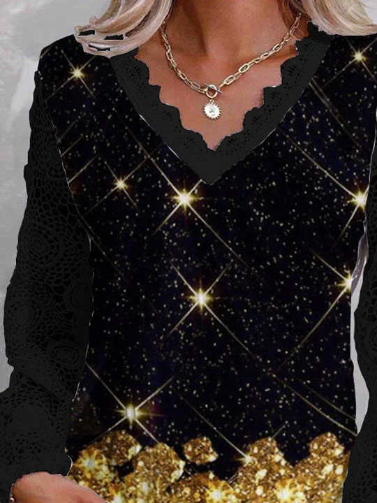 Women Long Sleeve V-neck Polka Dot Lace Tops