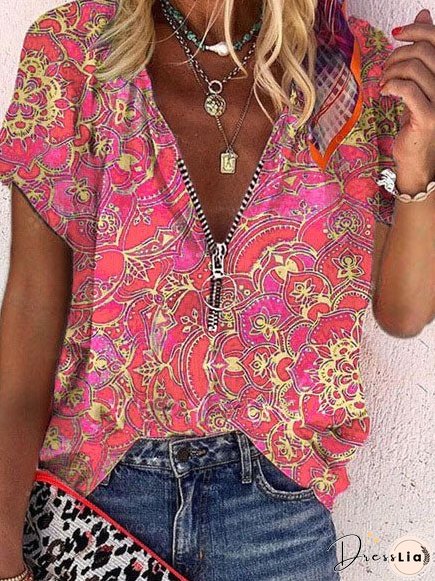 Printed Zipper V-neck Loose Short Sleeve T-shirts