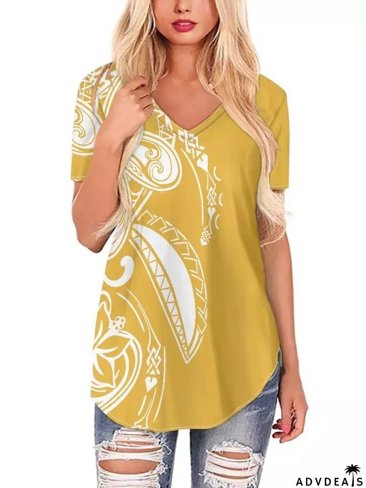 Women's Leisure Summer Printed V Neck Short Sleeve T-shirt