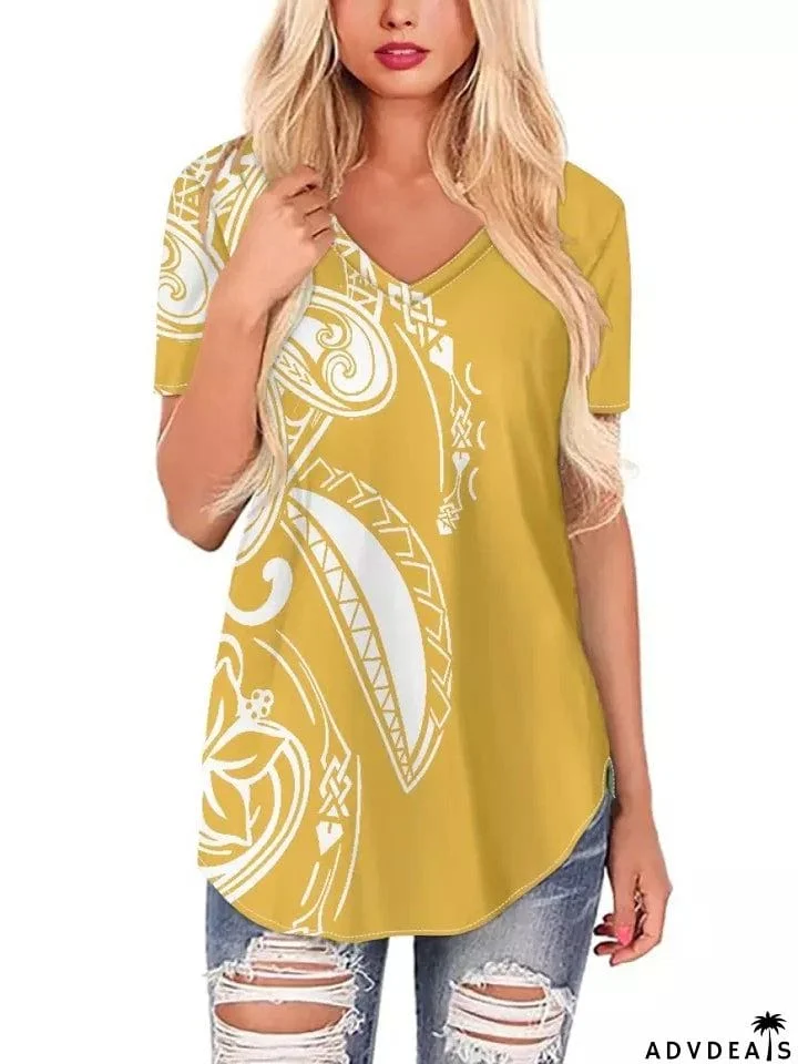 Women's Leisure Summer Printed V Neck Short Sleeve T-shirt