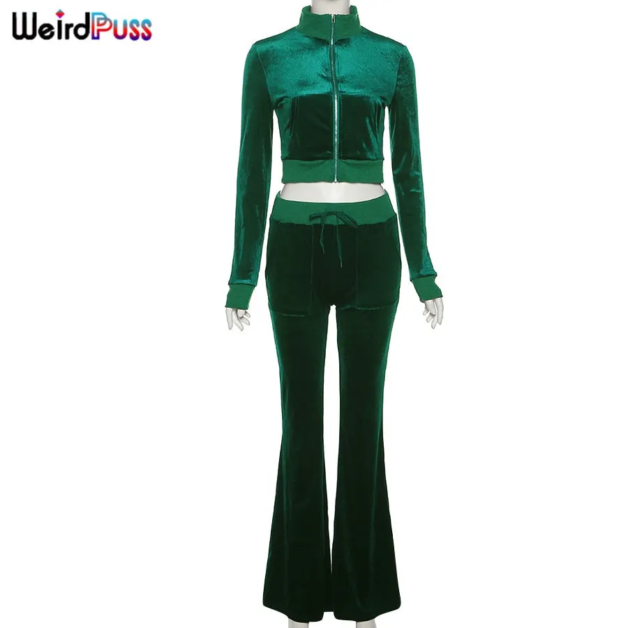 Weird Puss Velvet Women Tracksuit Skinny 2 Piece Set Zip Sporty Sweatshirt+Straight Pants Casual Fit Matching Streetwear Outfits